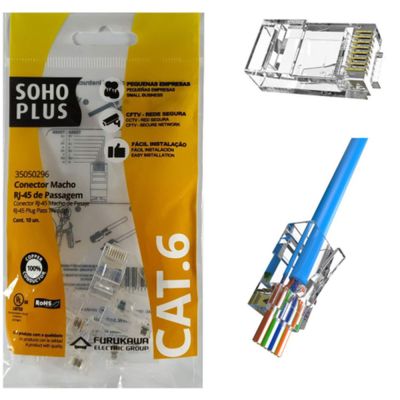 CONECTOR MACHO RJ45 FURUKAWA SOHOPLUS CAT6 PARA CABO SOLIDO E FLEXIVEL PCT 10 UN